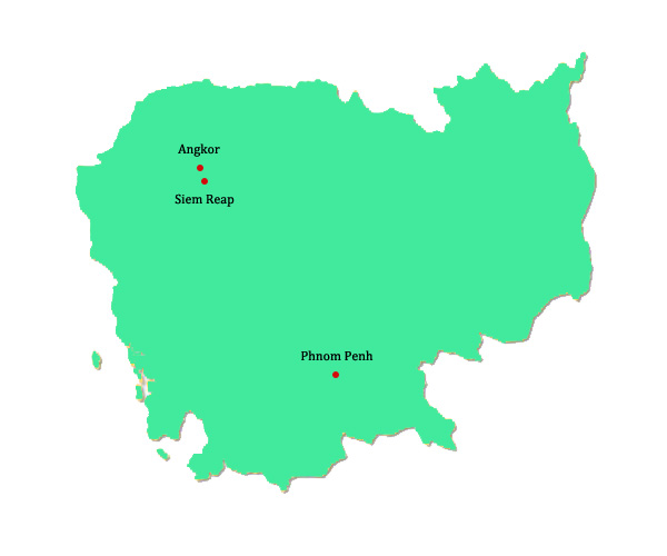 Map outlining Cambodia and its borders with Thailand, Laos and Vietnam