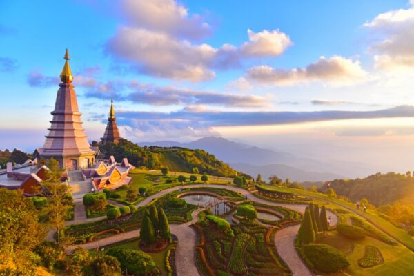 Golden temple spires in Chiang Mai's old city, northern Thailand